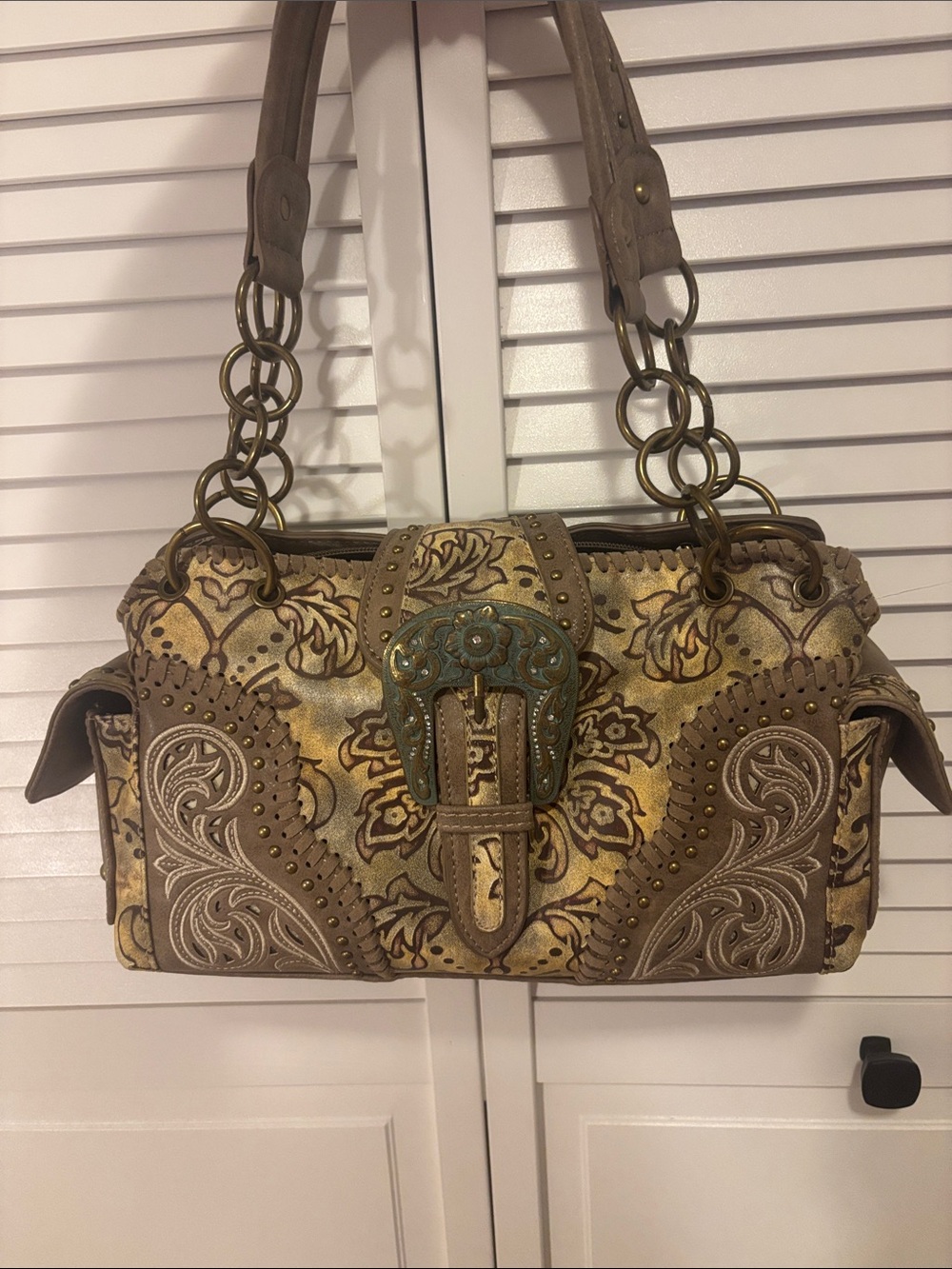 Montana West Gold and Taupe Embossed Floral Satchel with Wallet